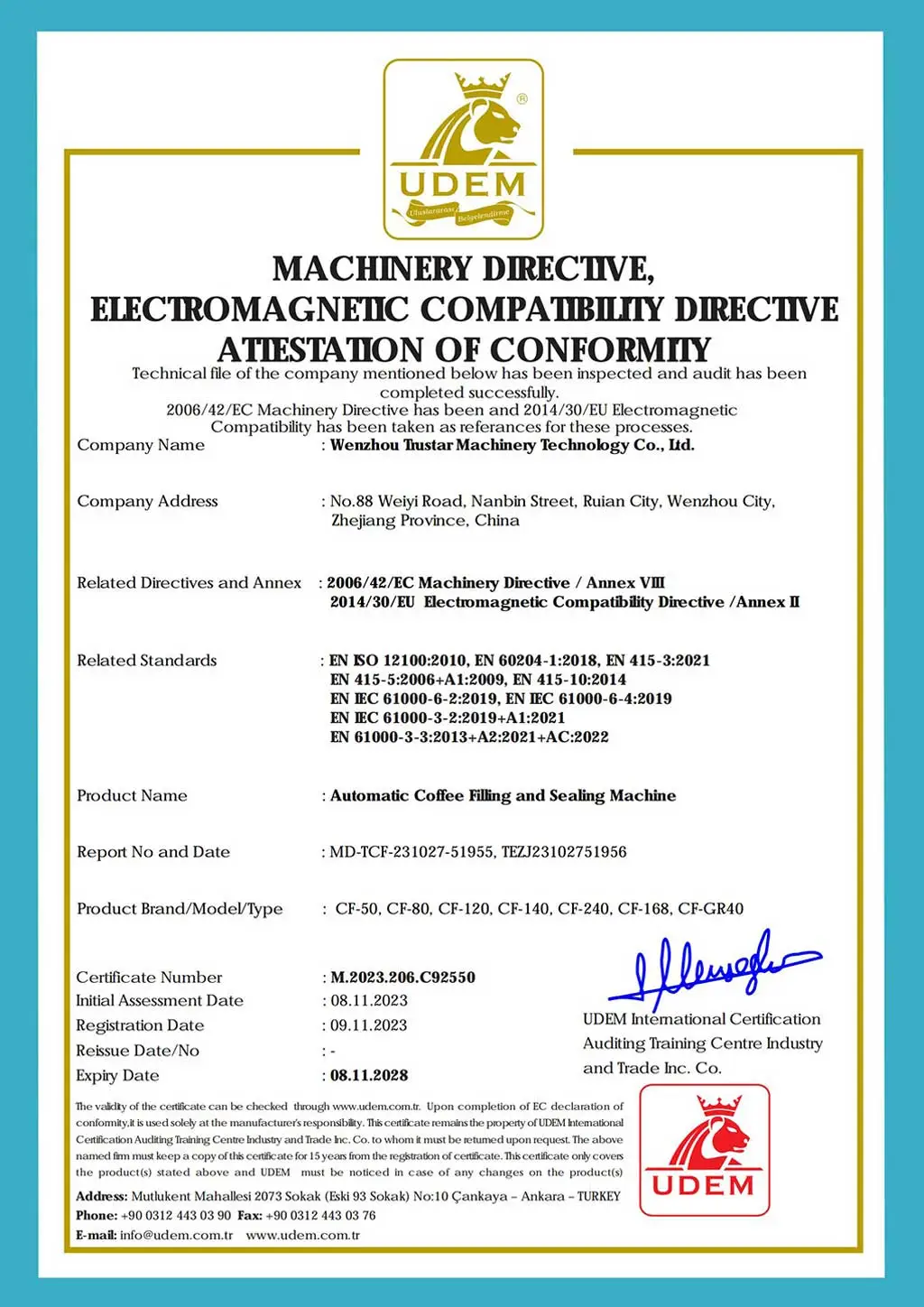 machinery directive, electromagnetic compatibility directive attestation of conformity